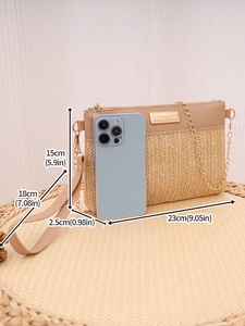 Detailed dimensions of the woven envelope crossbody bag with gold chain and handle