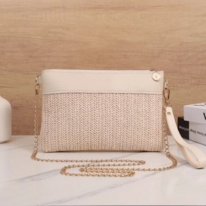 Chic woven beige envelope handbag with gold chain strap and leather wristband strap