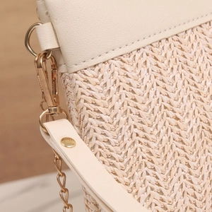 Minimalist woven square crossbody bag with beige leather and gold chain details
