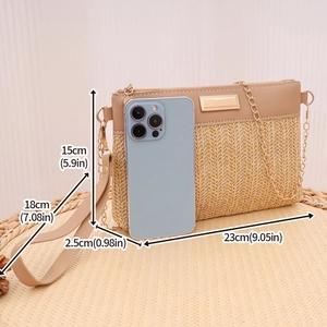 Woven straw envelope crossbody bag with leather trim and gold chain strap size view