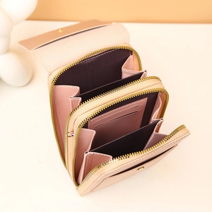 Fashionable light pink multi-layer crossbody bag with three zipper compartments and card slots
