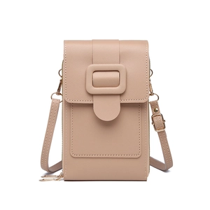 Minimalist beige pebble leather crossbody phone bag with square buckle decoration