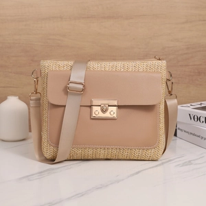 Stroh PU Leder Patchwork Umhängetasche Metallschnalle Verstellbarem Breitband Kleiner Quadratischer Schultertasche Damen