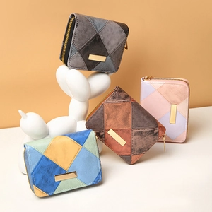 Quilted color-block PU leather mini wallets for women with gold zipper and minimalist design