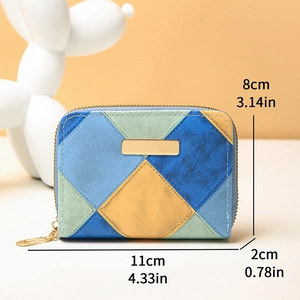 Kurze Geldbörse aus PU-Leder mit buntem Patchwork und goldener Metallplatte für Damen