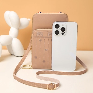 Sacoche bandoulière marron clair pour téléphone avec broderie papillon et zips dorés