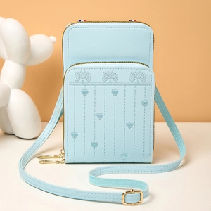 Sac bandoulière bleu clair pour téléphone avec broderie cœur et double fermeture