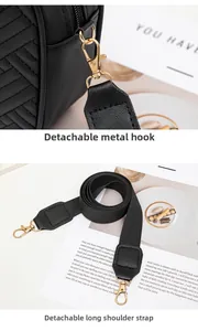 Detalle del bolso acolchado negro mostrando su correa tejida extraíble y ganchos oro