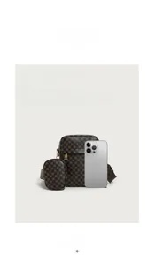 Brown monogram shoulder bag and round coin purse set with silver smartphone for scale