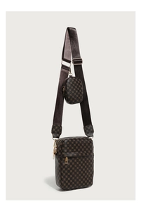 Detail of dark brown monogram crossbody bag with round pouch and wide strap
