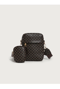Detail of vintage brown monogram shoulder bag with matching mini round pouch and gold hardware