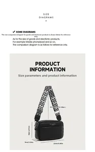 Size chart showing 22x15x9cm dimensions for the leather crossbody bag with wide strap