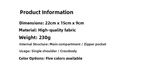 Detailed size and material specification chart for the minimalist crossbody handbag