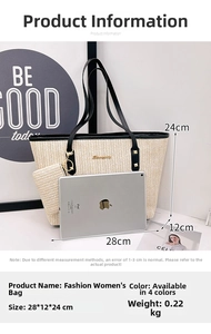 Straw tote bag set with black leather handles and rivet details, size 28x12x24cm