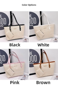 Detail of woven straw tote bag set with matching coin purse and metallic logo