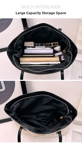 Detail view of large straw tote bag interior with zipper pocket and spacious capacity