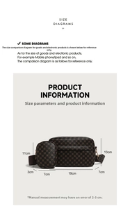 Tableau des tailles détaillé pour sac bandoulière monogramme vintage avec mesures de pochette