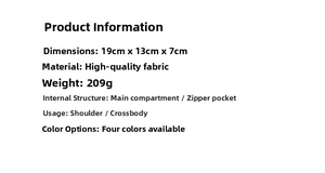 Spécifications du sac indiquant la taille 19x13x7cm et structure avec poche intérieure