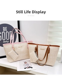 Detail of hand-woven straw tote bag with matching coin purse and stylish leather straps