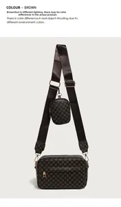 Détail d'un sac bandoulière marron avec logo, sangle large et mini pochette ronde