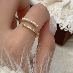 French style gold open ring with double-row pearls and sparkling zircon accents