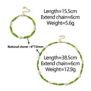 Detailed view of necklace and bracelet featuring green natural stones and baroque pearls
