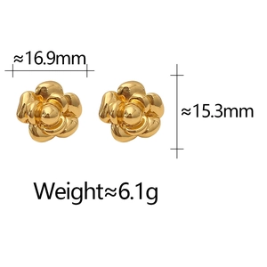 Detailed dimensions showing 16.9mm width and 15.3mm height of gold camellia petal earrings
