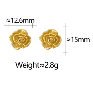 Detail view of gold camellia stud earrings showing dimensions of 15mm by 12.6mm