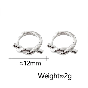 Detail view of silver knotted hoop earrings with 12mm diameter and lightweight 2g design