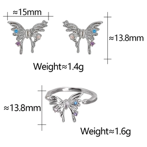 Detailed dimensions and weight for butterfly stud earrings and matching ring set