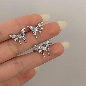 Silver bow butterfly earrings and open ring set with colorful crystals for women