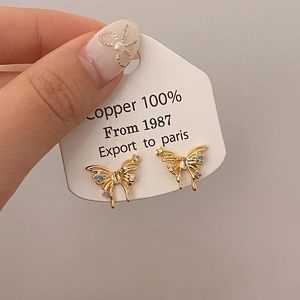 Exquisite golden butterfly stud earrings with colorful zircon stones and pearl tassels