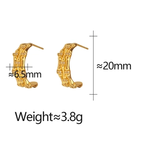 Detail showing dimensions of vintage bamboo style C-shape earrings with zircon inlay