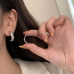 Detailed view of silver C-shaped bamboo earrings with micro-pave cubic zirconia inlay