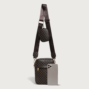 Retro brown monogram shoulder bag with wide nylon strap and round coin pouch