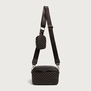Vintage brown monogram crossbody bag set with mini round coin purse and wide strap