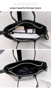 Dettaglio della capiente borsa shopper nera trapuntata con scomparti interni multistrato
