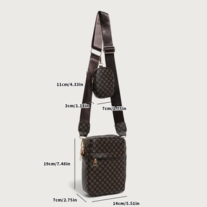Brown vintage monogram shoulder bag with wide strap and matching round coin pouch