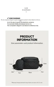 Size chart showing black printed crossbody bag dimensions with a detachable mini pouch