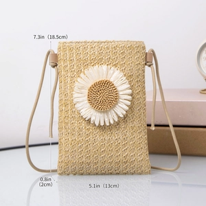 Summer straw woven shoulder bag for phone with white daisy floral design 18.5x13cm