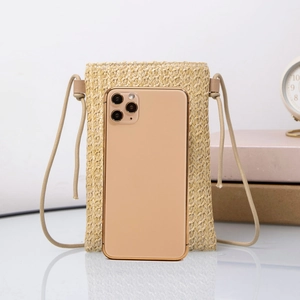 Straw woven crossbody phone bag with herringbone pattern and matching thin strap