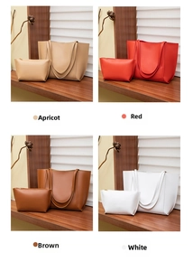 Détail de l'ensemble cabas et pochette assortie en abricot, rouge, marron et blanc