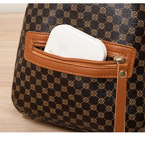 Detail of rear anti-theft zipper pocket on vintage floral pattern brown backpack