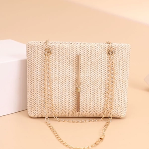 Straw Woven Crossbody Bag For Women With Metal Chain And Tassel Chevron Pattern Summer Beach Small Shoulder Bag