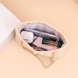 Woven beige chain bag for women showing spacious interior for daily essentials