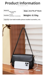 Close-up of a black crossbody bag showing size 23.5x6.5x15cm next to a smartphone