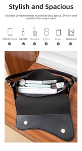 Interior view of black faux leather saddle bag showing capacity for phone and cosmetics