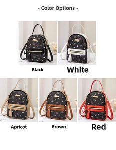 Detail view of floral print backpack in black, white, apricot, brown, and red color options