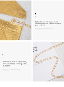 Detail of golden crocodile pattern bag with metal buckle closure and fine chain strap