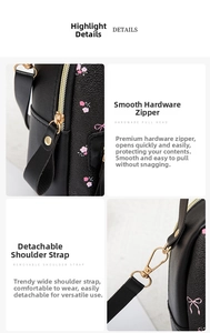 Detail of floral mini backpack with golden zipper and detachable wide strap